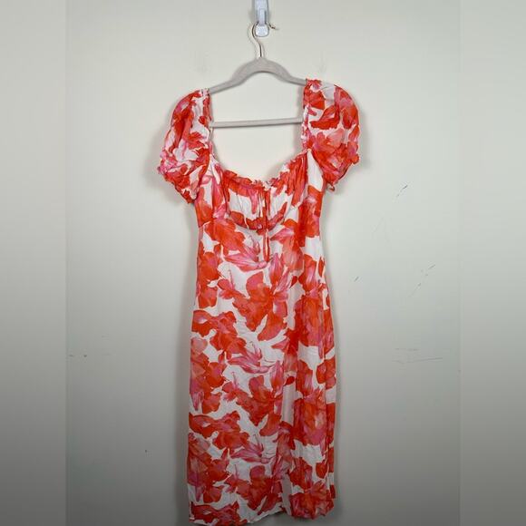 NWT WAYF Felicity Floral Pink Midi Dress in Coral Pink Hibiscus Medium - Picture 7 of 8